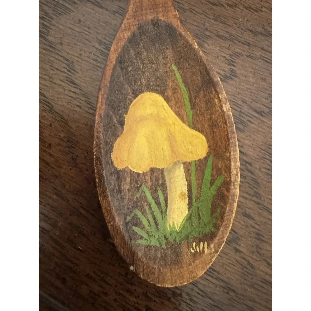Vintage 1970s Hand-Painted Mushroom Wooden Spoon Retro Kitchen Wall Decor